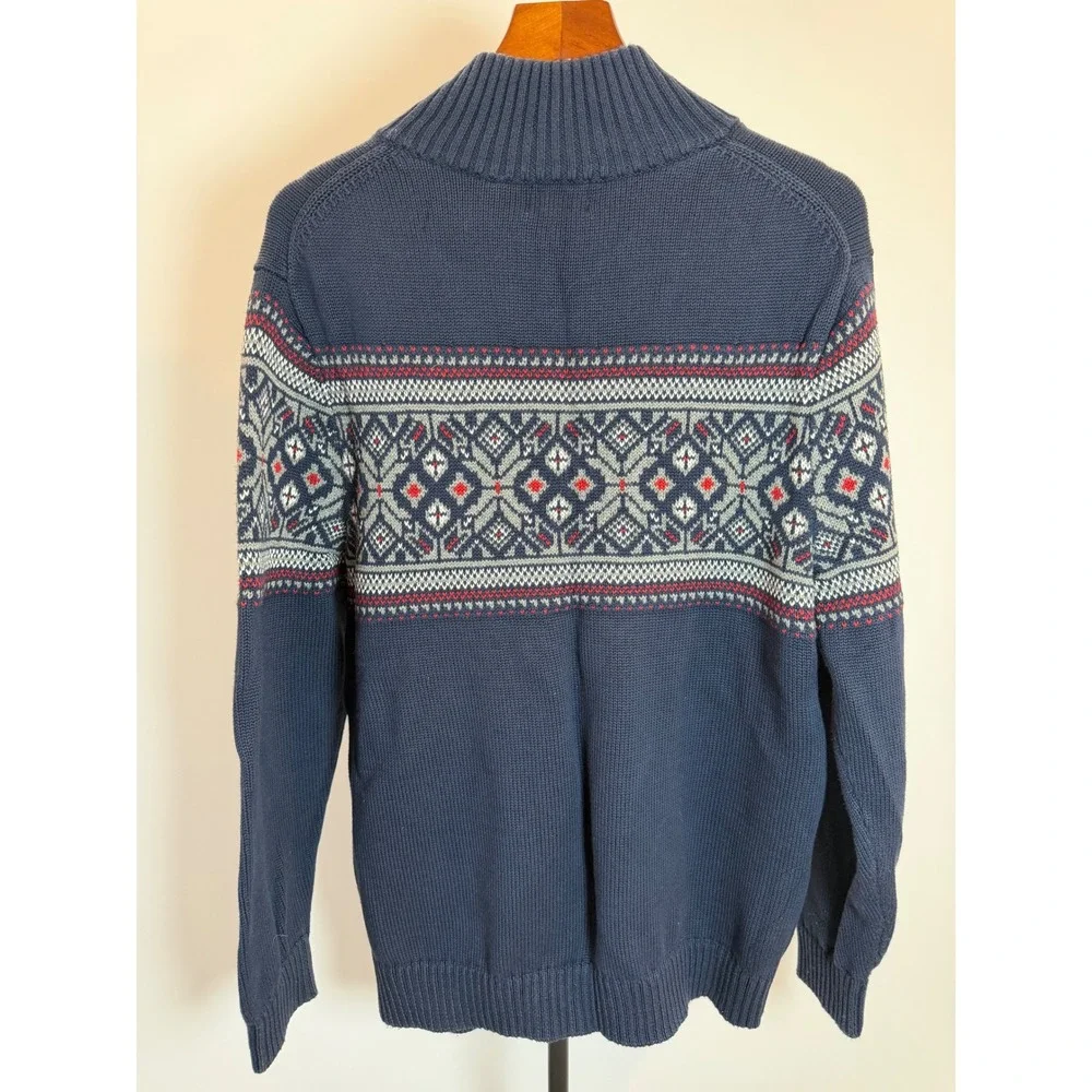 LL Bean Mens Navy Blue Fair Isle Nordic 1/4 Zip Cotton Sweater Large Cabin Core